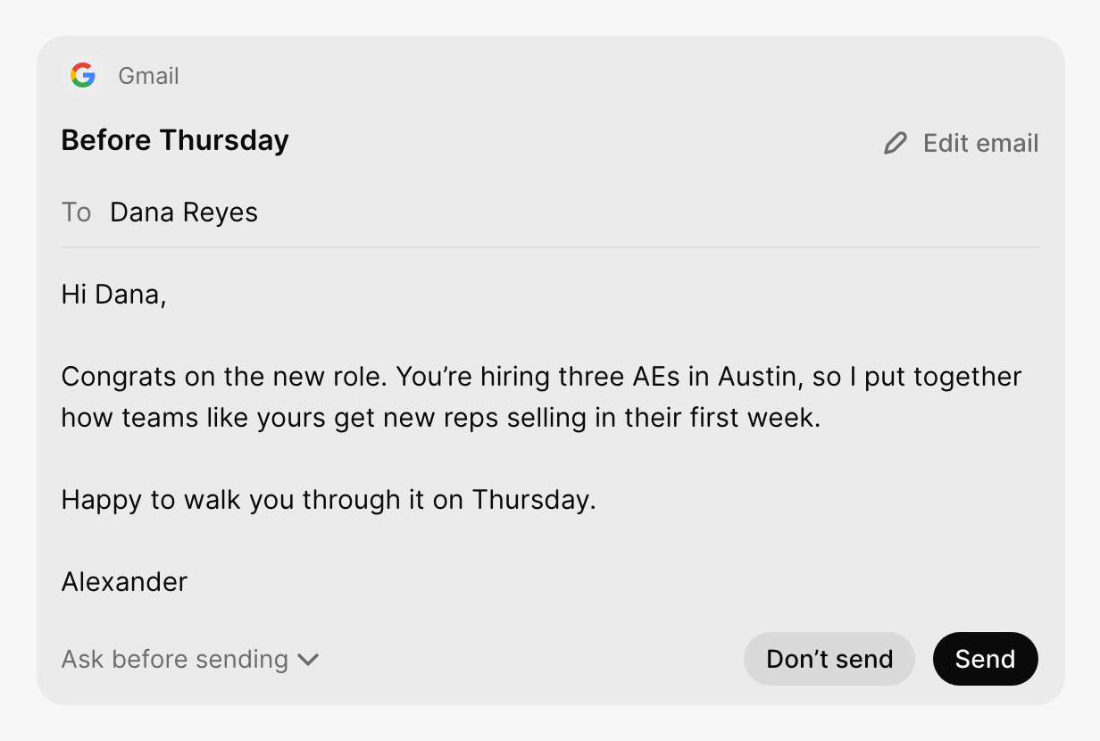 A drafted email with Ask before sending, Don't send and Send