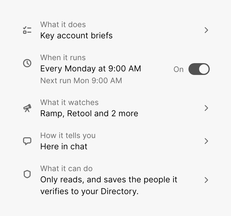 Agent settings: what it does, when it runs, what it watches and what it can do