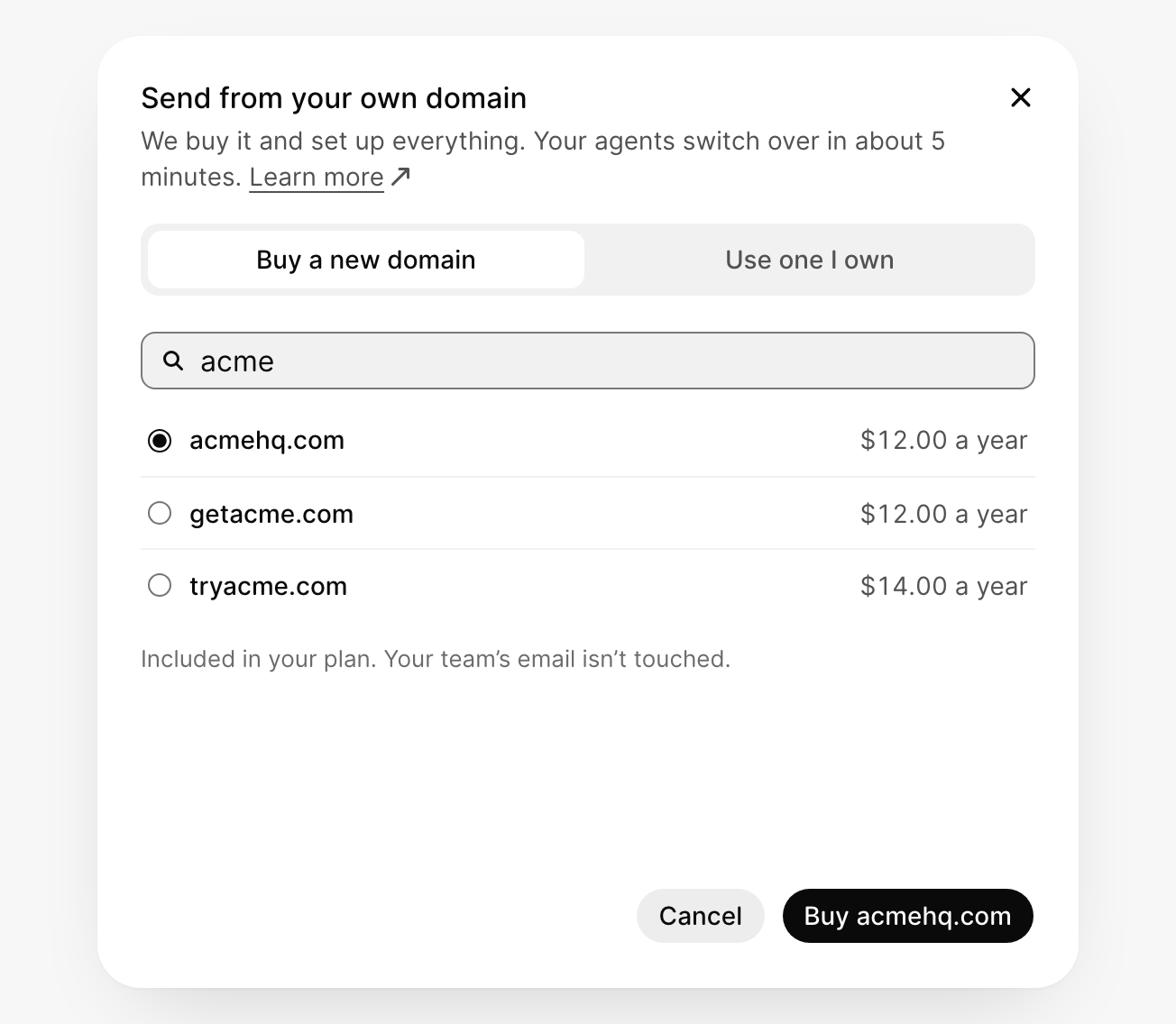 Buy a new domain, with three open names and their yearly prices