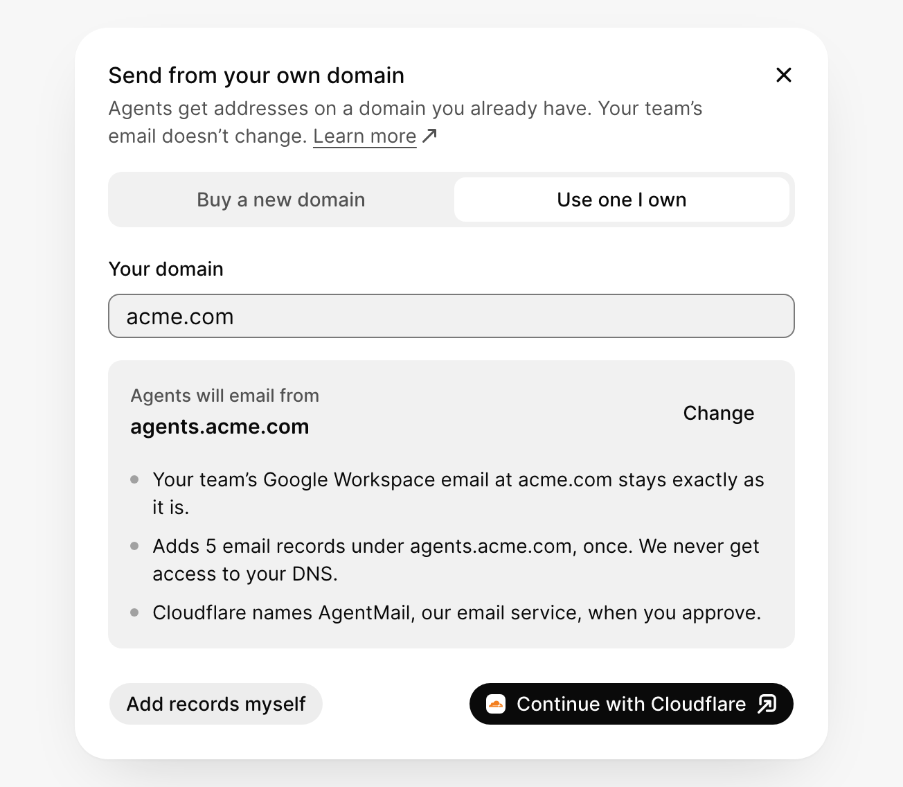 Continue with Cloudflare, which adds 5 email records after one approval