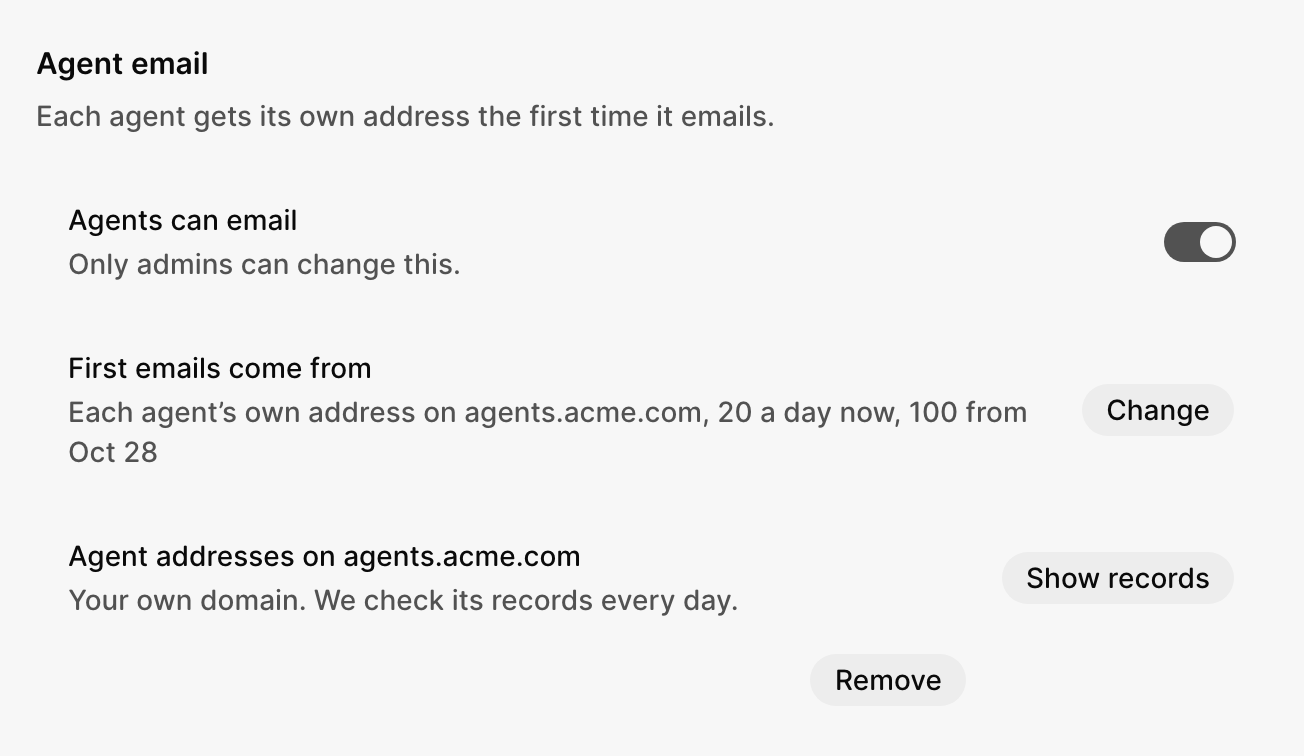 Settings, Email, with first emails coming from each agent's own address on agents.acme.com