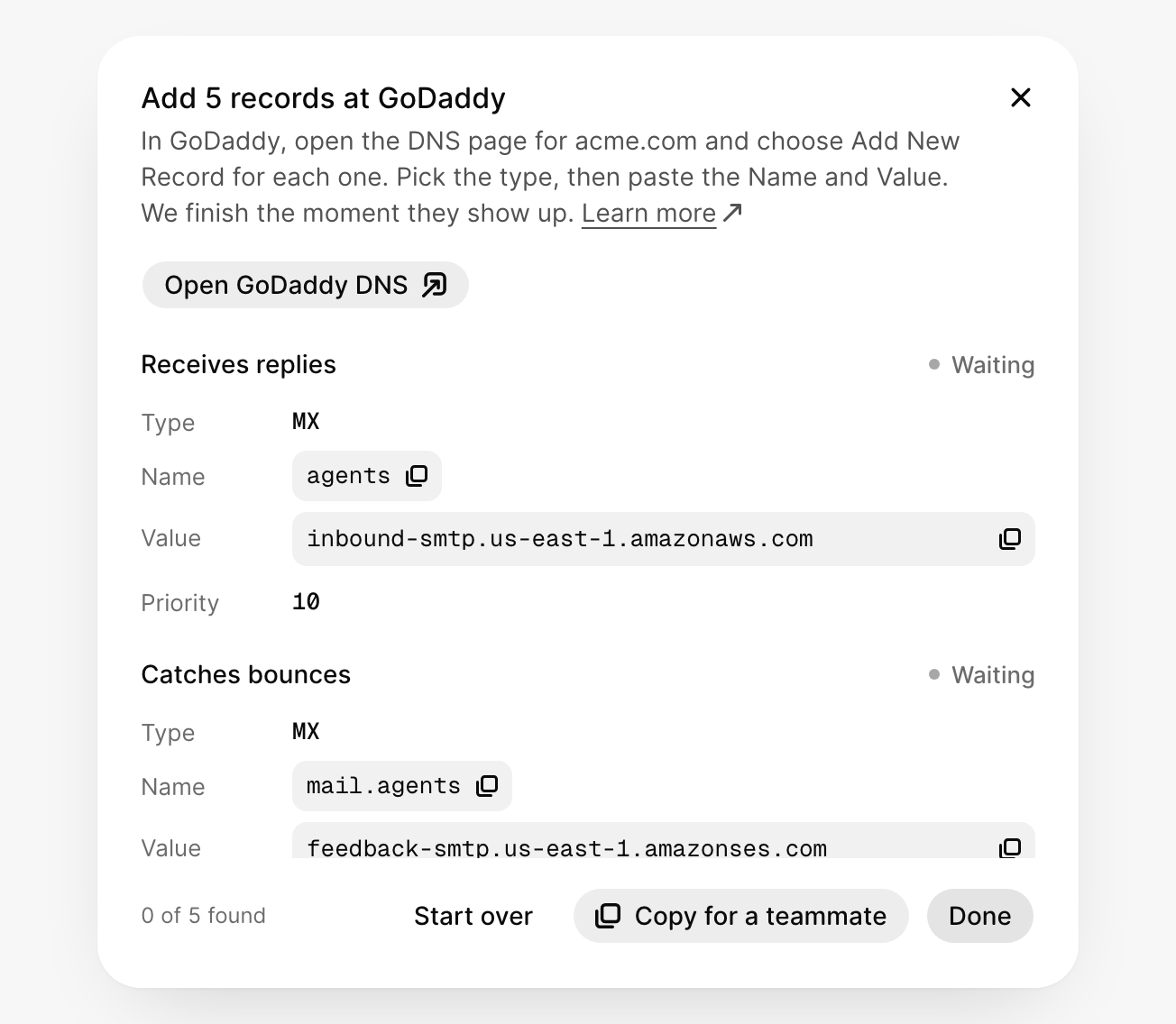 Add 5 records at GoDaddy, each with its type, name and value