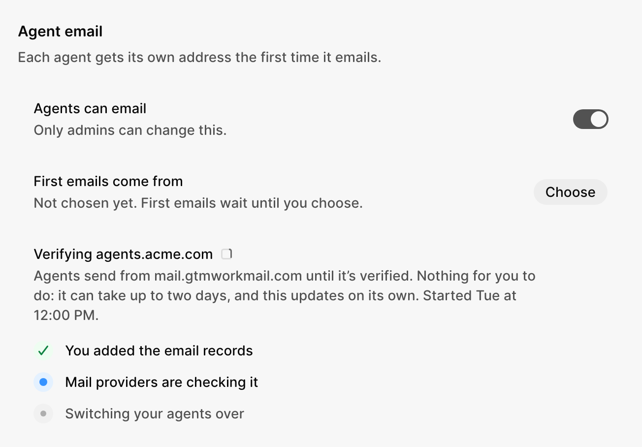 Verifying agents.acme.com, with mail providers checking the records