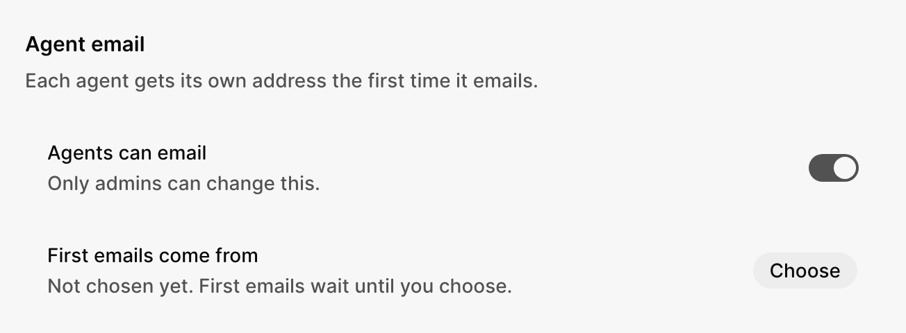 Settings, Email, with First emails come from set to Not chosen yet