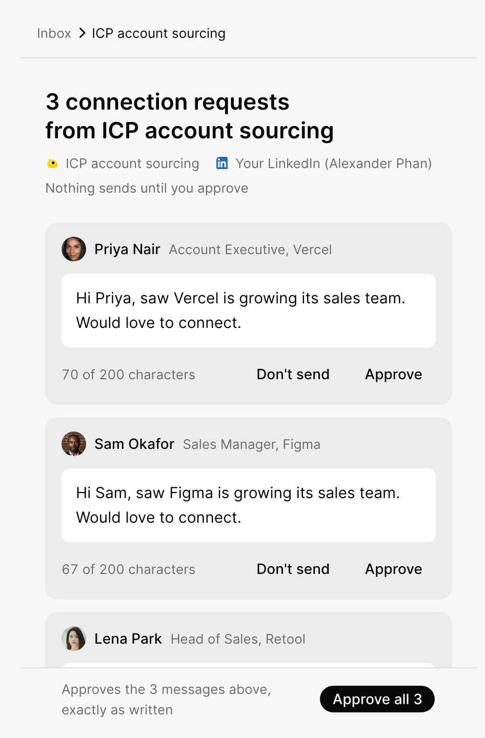 Three drafted connection requests waiting for Approve all