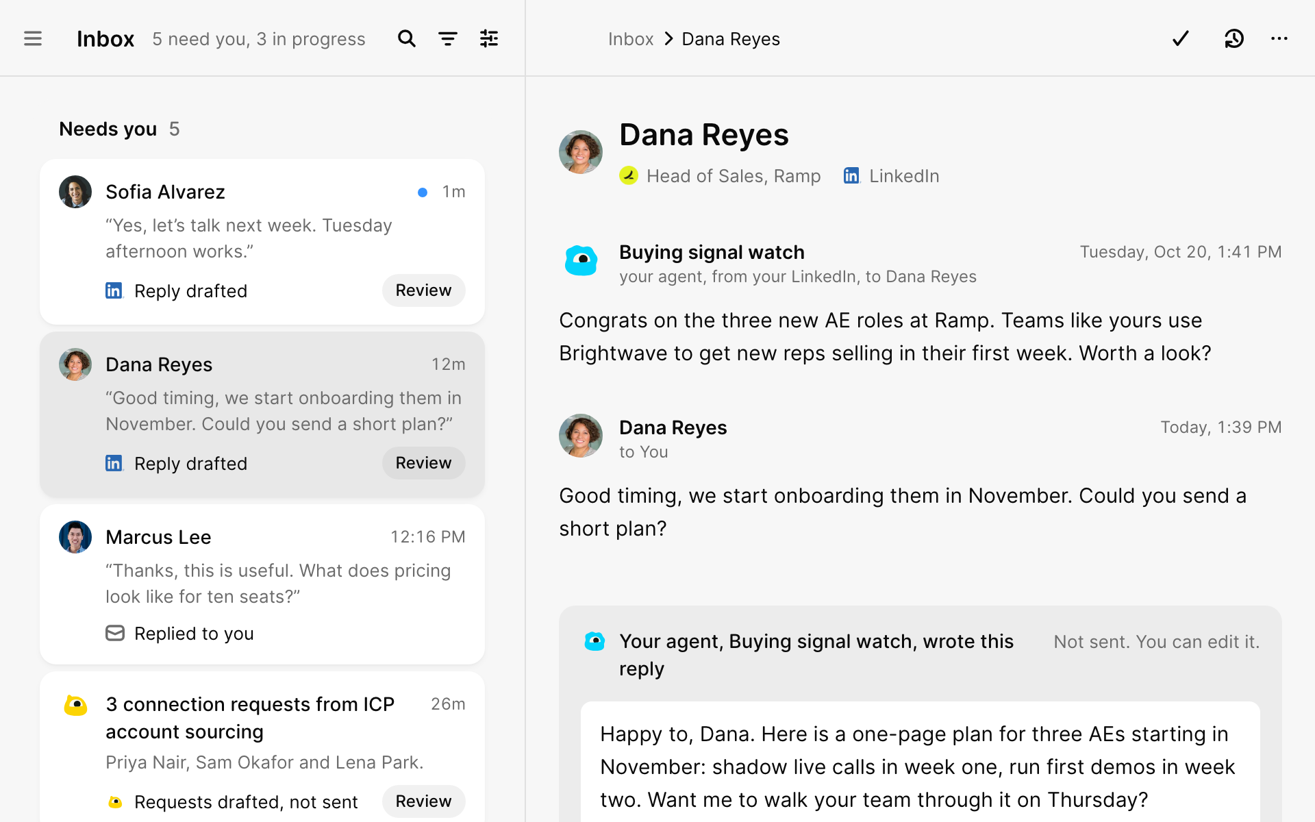 The Inbox with replies and drafts under Needs you, and an open conversation