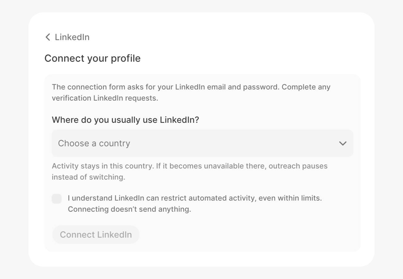 Connect your profile, with a country picker and a confirmation box
