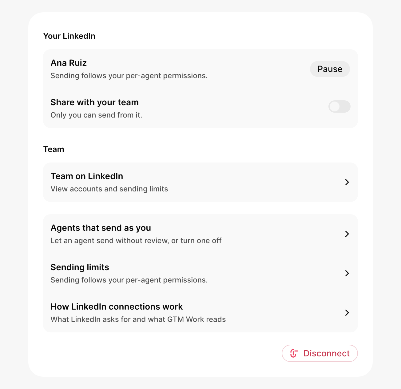 Your LinkedIn connected, with Pause and Share with your team