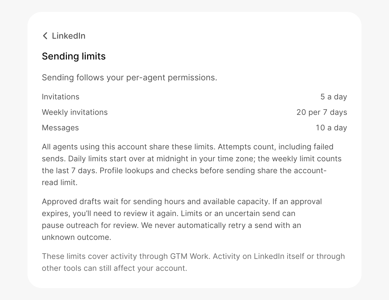 Sending limits: 5 invitations a day, 20 per 7 days and 10 messages a day